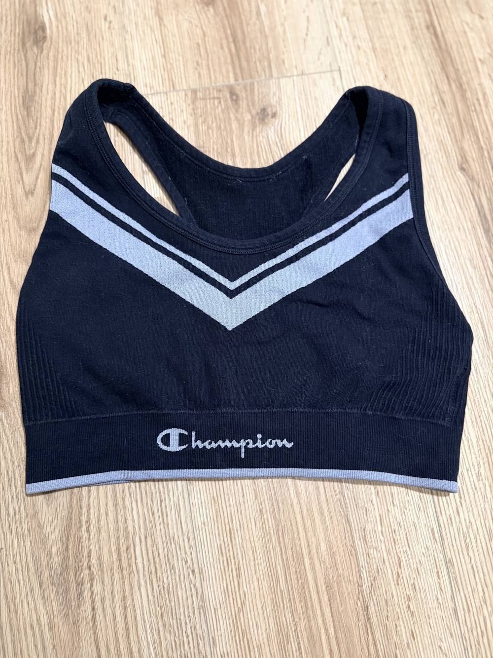 Champion Black Racerback Sports Bra with Gray Chevron Stripes